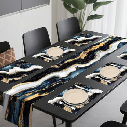 WADORN Marble Texture Abstract Table Runner and Placemats Set of 6, Black White Gold Ink Marble Texture Kitchen Dinning Table Decoration Abstract Modern Art Dining Settings for Home Kitchen Party - size: Marble Texture