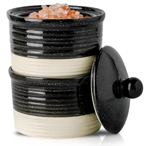 HASENSE Ceramic Salt Cellar, 9 oz Salt and Pepper Bowls with Lid for Countertop, Stacked Salt and Pepper Box Set, Black and White Farmhouse Decor Sugar Bowls, Set of 2 - color: Black