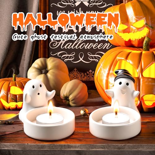 Set of 2 Cute Ghost Tealight Candle Holders, Halloween Decorations Indoor, Small Cartoon Ceramic Taper Tealight Candle Holder for Home Office Party Wedding Holiday Decor Gift, Not Included Candle