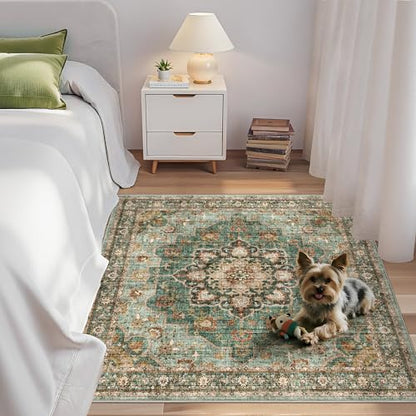Green Washable Entry Rug: 4x4 Square Area Rugs Non Slip with Rubber Backing | Soft Carpet for Kitchen Bedroom Bedside Bathroom Entryway Low Pile Ultra Thin Stain Resistant Small Carpets (Green, 4x4) - color: Green, size: 4' x 4' (Square)