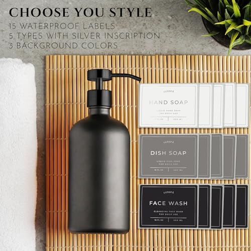 Glass Soap Dispenser Set of 2 (Black) with Silicone Tray | Hand and Dish Soap Dispenser for Kitchen and Bathroom | 16.8 Oz Glass Bottles with Stainless Steel Pump & 15 Waterproof Labels (Black) - color: Black