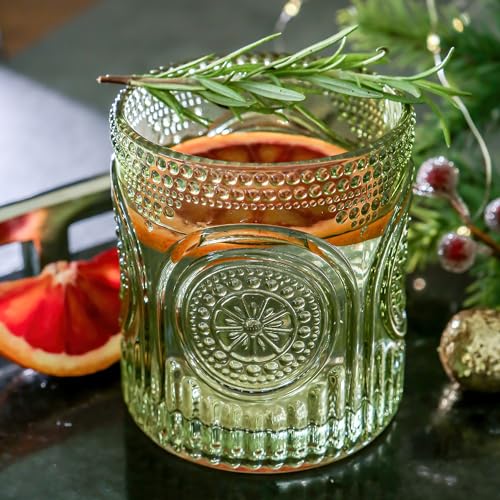 Kate Aspen Retro Arch Floral Green Drinking Glasses Set of 6-10 oz Vintage Beaded Glassware, Textured Water & Cocktail Cups, Holiday Drinkware, Christmas Gift Glass Set, Hostess or Holiday Gift - color: Green