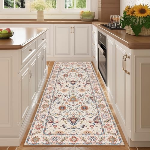 Washable 2x6 Hallway Runner Rug, Non-Slip Low Pile Cozy Kitchen Runner Rug, Beige Boho Vintage Floral, Ultra Soft, Stain Resistant, Pet & Kid Friendly Rugs for Bedroom Bathroom Laundry Room - color: Beige, size: 2' x 6' (Rectangular)