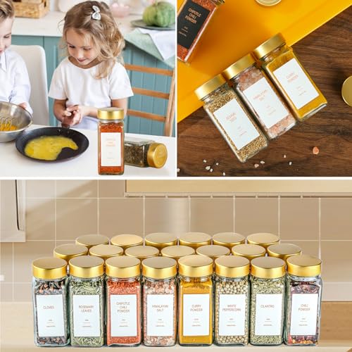 Gold Spice Jars with Label，4oz Seasoning Containers, Glass Spice Bottles with Shaker Lids,Funnel, Chalk Pen for Cabinet，Drawer，Rack(24)