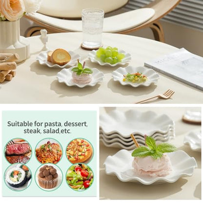 6 Inch Ceramic Small Dessert Plates, White Appetizer Plate Set, 18 Packs | Salad Dishes, Wave Rim, for Cake Waffles Snacks Side Dish, Oven Microwave Dishwasher Safe, Stackable - style: Round Wave