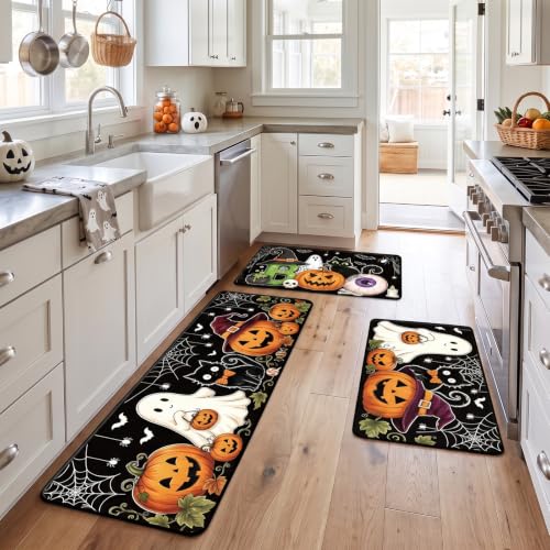Halloween Kitchen Mats, Boo Pumpkin Ghost Kitchen Rugs | Set of 3, Non-Slip, Spooky Black Cat, Absorbent, Floor Mat for Halloween Holiday Indoor Outdoor Home Decor, 16x28, 16x47 Inch