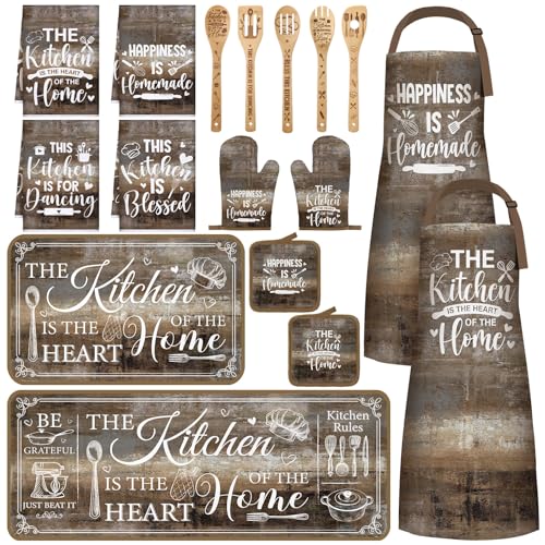 Bencailor 17 Pcs Brown Kitchen Decor and Accessories Brown Kitchen Rug and Mat Oven Mitts and Pot Holders Apron Dish Towels Cute Wooden Spoons for Natural Wood Themed Home Decor Housewarming Gifts - color: Natural Wood
