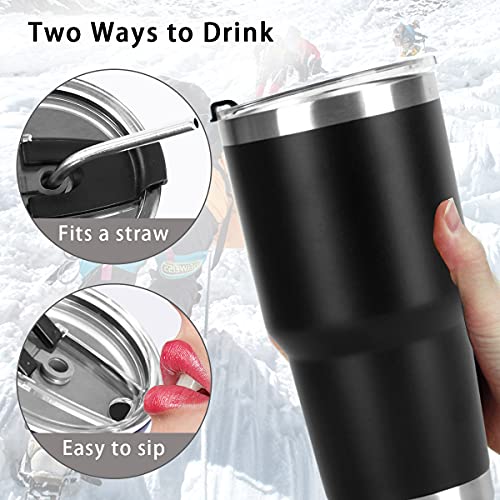 SYACOT 30oz Tumbler Double Wall Stainless Steel Vacuum Insulated Travel Mug with Splash-Proof Lid Metal Straw and Brush - color: Black-30oz