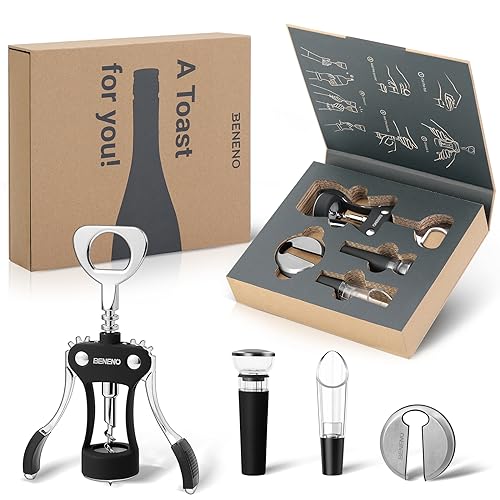 Beneno Wine Bottle Opener Wine Accessories Gift Set, Elegant Black | Multifunctional Wing Corkscrew Bottle Opener, Foil Cutter, Vacuum Stopper & Aerator Pourer, Perfect for Man Woman - color: Elegant Black