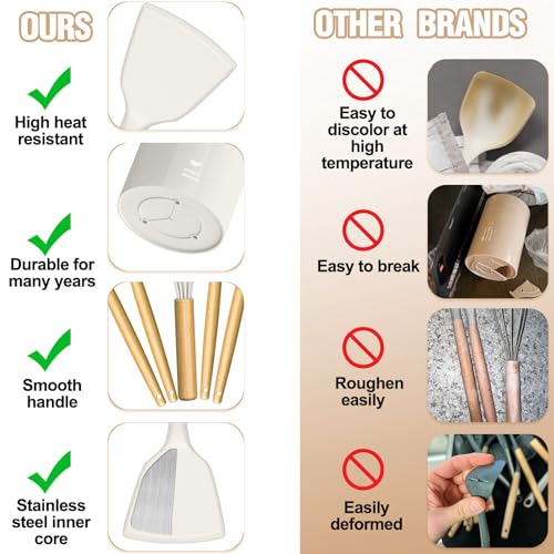 Umite Chef Silicone Kitchen Utensil Set, 34PCS Heat Resistant Kitchen Gadgets and Tools With Grater, Cream White Wood Handles for Nonstick Cookware - color: Cream White