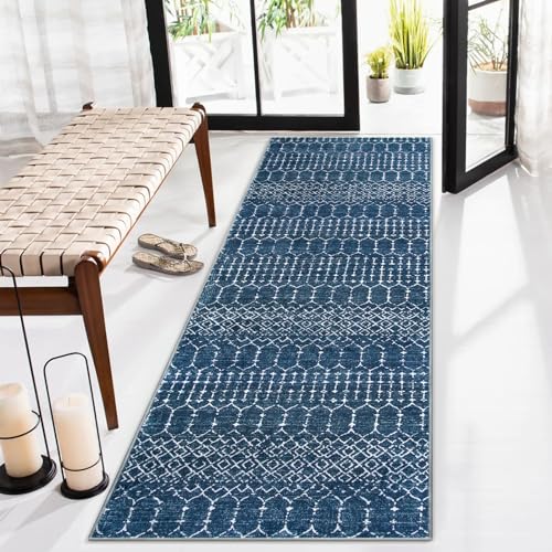 Lahome Moroccan 2x5 Washable Blue Runner Rug, Non-Slip Low-Pile Stain Resistant Kitchen Rugs, Geometric Soft Bathroom Runner Carpet for Entrance Bedroom Laundry Hana, Blue - color: Blue, size: 2' x 5' (Runner)
