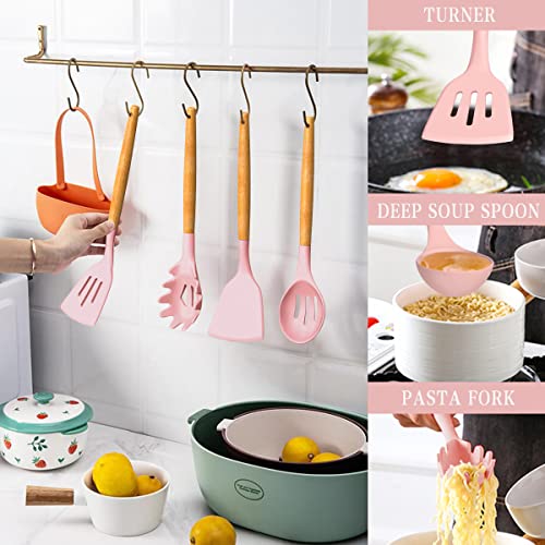 Umite Chef Silicone Kitchen Utensils Set, 33 Piece Non-Stick Kitchen Utensils with Stand, Wooden Handle, Pink - color: Pink