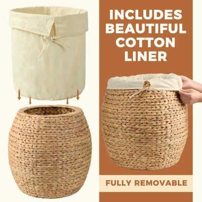 Wicker Basket with Lid Decorative Storage - Large Blanket Basket for Living Room, Plants, Organization, Handwoven Water Hyacinth Material w/Removable Cotton Liner & Tall Round Design