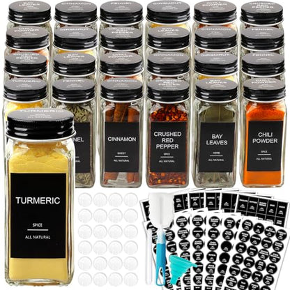 AISIPRIN 24 Pcs Glass Spice Jars with 398 Labels, 4oz Empty Square Spice Containers Seasoning Bottles - Shaker Lids, Funnel, Brush and Marker Included(Black Metal Caps)