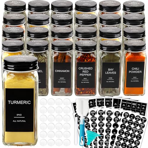 AISIPRIN 24 Pcs Glass Spice Jars with 398 Labels, 4oz Empty Square Spice Containers Seasoning Bottles - Shaker Lids, Funnel, Brush and Marker Included(Black Metal Caps)