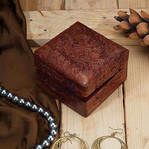 Ajuny Wooden Hand Carved Jewelry Box Keepsake Treasure Chest Organizer | Decorative Wood Trinket Holder for Jewelry Keepsakes and Small Accessories Handcrafted Gift for Men Women and Travelers