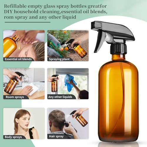 GIVAMEIHF 16oz Amber Glass Spray Bottles,6 Pack Glass Spray Bottles Refillable Empty Bottle with Adjustable Nozzle,Spray Bottle for Essential Oils,Cleaning,Pets,Hair Mister