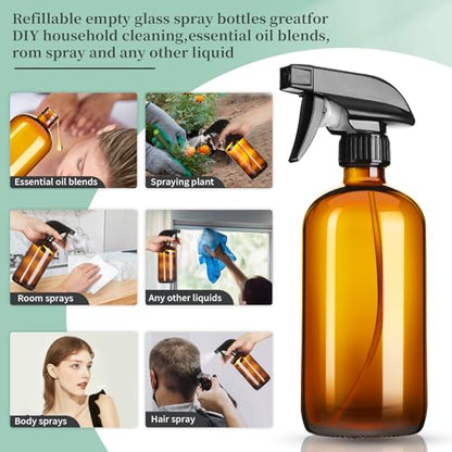GIVAMEIHF 16oz Amber Glass Spray Bottles,6 Pack Glass Spray Bottles Refillable Empty Bottle with Adjustable Nozzle,Spray Bottle for Essential Oils,Cleaning,Pets,Hair Mister
