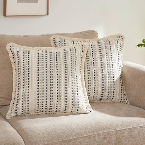 Embroidered Throw Pillow Cover Set of 2, Spring Summer Boho Farmhouse Decorative Pillow Case with Tassels, Textured Cushion Cases for Sofa Living Room Home Decor (Grey, 18" x 18") - color: Grey, size: 18" x 18" (Pack of 2)