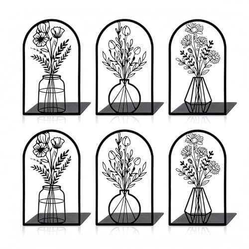 Sanwarm Bookends, 6 Pcs, Metal, for Home Office Desk Shelves Floral Flower | Vase Decorative Book Ends Non-Skid Book Stoppers Holder 3 Pair Gifts for Reading Enthusiasts Library Decor - color: Floral