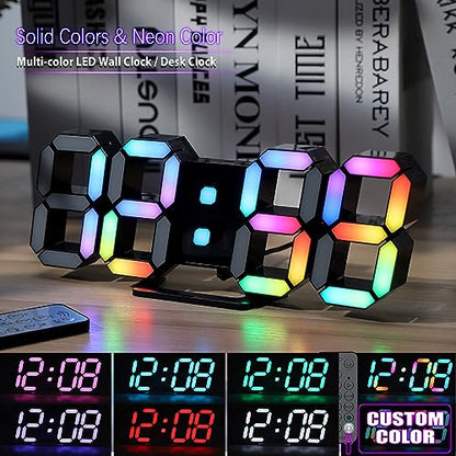 LED Digital Clock Neon Clock 9.7" Black Gaming Clock RGB LED Wall Clock for Living Room Desk Clock Large Display Clock for Bedroom, Black Clock with Dimming - color: 9.7in Black Clock-neon Light