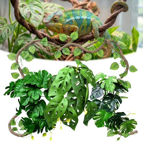5 Pcs Reptile Plants & Habitat Decor Kit - 3 Artificial Plants & Large 5ft Jungle Vine Branch, Amphibian Habitat Hideout Tank Decorations fit Crested Gecko Leopard Lizard Chameleon Ball Python Frog - color: Reptile Plants-e