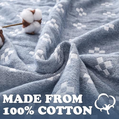 jinchan 100% Cotton Muslin Blanket Twin Boho Throw Blanket 60x80 Denim Blue | 3-Layer, Geometric Cross Quilt, Cooling Breathable Lightweight, for Adult, Soft, Reversible, Summer, Couch, Sofa, Bedroom - color: B. Cross Blue, size: 60"x80"