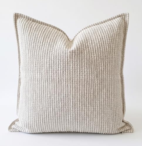 SanVia Cotton Throw Pillow Covers 20x20 – Handwoven Jacquard Texture, Fade-Resistant, No Pilling – Hidden Zipper, Decorative Cushion Cover for Sofa, Couch, Bed – Insert Not Included (Striped, Beige) - color: Oat Beige, size: 20" x 20" (Pack of 1)