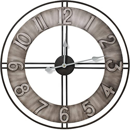 Sorbus Large Wall Clock, 24" Decorative for Kitchen, Bedrooms, Office, Analog Modern Farmhouse Style. Silent, Round Chunky Number, Home Decor, Quartz Battery Operated, Gray Metal