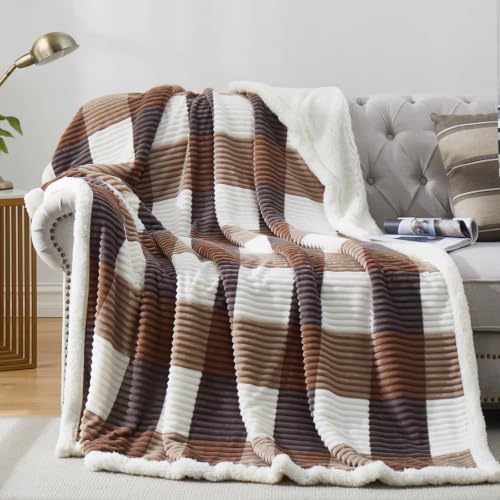 PU MEI Sherpa Blanket Full/Queen Plaid Thick Bed Blanket, 90”*80” Super Soft Flannel Fuzzy Fleece Reversible Velvet Plush Warm Blanket for Couch(Beige Check, 80"*90") - color: Beige Check, size: 80"*90"