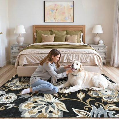 Lahome Floral Black Washable Area Rug 4x6, Non-Slip Ultra-Thin Soft Accent Stain Resistant Indoor Area Rug, Paisley Print Carpet for Bedroom, Living Room, Entryway, Kitchen, Laundry | Non-Slip Ultra-Thin Soft Stain Resistant Indoor Area Rug for Bedroom Li