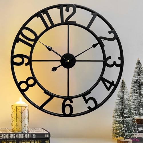 Silent 24 Inch Wall Clocks for Living Room Decor,Arabic Numeral | Non Ticking, Matt Black,Thicker Metal Wall Clock for Dinning Room,Entryway,Home Office & Fireplace Decor - color: Black Arabic Numeral, size: 24 Inch