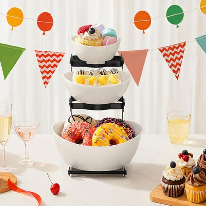 Lifewit 3 Tier Plastic Serving Bowls for Party, Chip and Dip Serving Set | Tiered Serving Tray with Black Metal Stand for Fruit, Snack, Crack-Proof Platter for Buffet Display, Party Hosting Essentials - color: Black