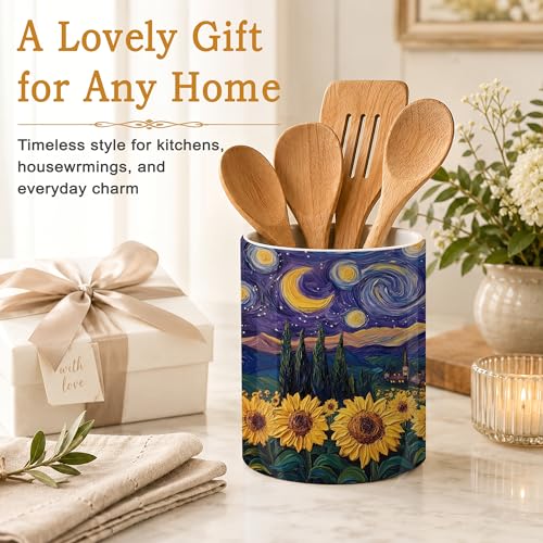 Starry Night Kitchen Utensil Holder,Sunflower Field Ceramic Utensil Crock for Countertop,Cooking Tools Storage jar for Spatulas and Spoons,Housewarming Gifts 6.3" - color: Starry Night Sunflower Field