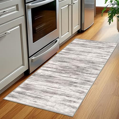 KOZYFLY Modern Abstract Washable Rug Runner 2x5 Hallway Rug Runner Non-Slip Soft Kitchen Runner Rugs, Grey/Light Beige/Brown Striped Carpet for Entryway Bathroom - color: Grey/Light Beige/Brown, size: 2' x 5' (Runner)