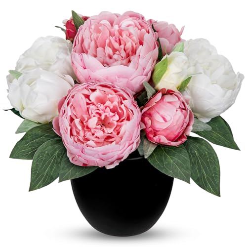 Briful Peony Artificial Flowers in Black Pot, White Pink Realistic Fake Silk Flowers Faux Floral Arrangements for Table Centerpiece Home Office Bathroom Decor - color: White Pink