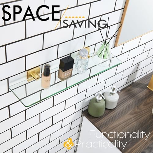 KOKOSIRI Wall Shelves 20-Inch Floating Tempered Glass Shelf Bathroom Hardware Kitchen Hanging Rack Shower Storage, Brushed Gold Stainless Steel B1107BG-L20 - color: Brushed Gold, size: 20-Inch