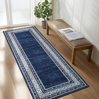Modern Washable Runner Rug 2x6 Non Slip Bordered Solid Area Rugs, Washable Kitchen Mats Bedside Rug, Stain Resistant Soft Bathroom Carpet, Foldable Runners for Hallways, Entryways, Blue | Non Slip Non Shedding Stain Resistant Neutral Textured Solid Foldab
