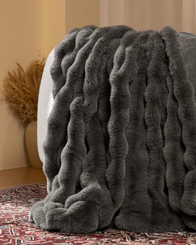 Ultra Soft Cozy Faux Fur Throw Blanket, Fuzzy Plush Thick Bubble Blanket, Oversize Luxury Fluffy Blanket for Couch, Bed, and Living Room, 60x80 Inches, Dark Grey Taupe - color: Bubble Dark Grey, size: Twin