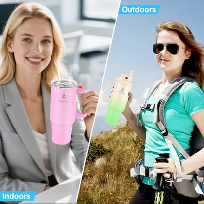 40 oz Tumbler with Handle and Straw or Convert to 40 oz Insulated Water Bottle Fits in Cup Holder. Stainless Steel Metal Water Flask with 2 Lids for Travel,Camping,Gym Sports Coffee Mug Thermal Cup - color: Cream Green