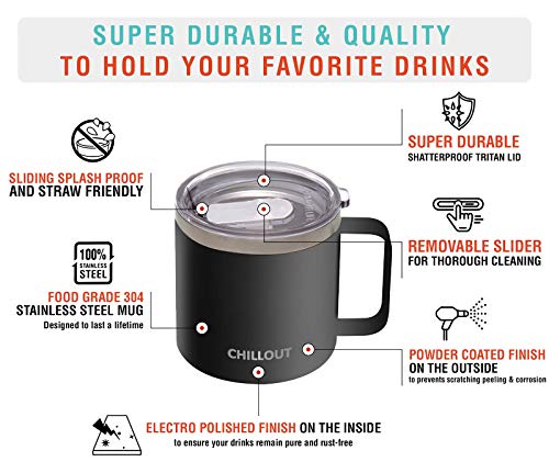 CHILLOUT LIFE Stainless Steel 16 oz Vacuum Insulated Coffee Mug with Handle and Lid, Large Thermal Camping Coffee Mug Cup with Durable Sliding Lid for Men & Women, Keeps your Beverages Hot &Cold - color: Black, size: 16 Ounces