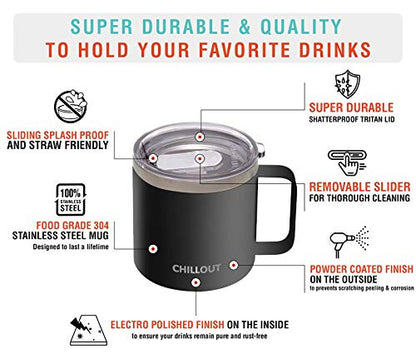 CHILLOUT LIFE Stainless Steel 16 oz Vacuum Insulated Coffee Mug with Handle and Lid, Large Thermal Camping Coffee Mugs with Sliding Lid for Men & Women - Keeps your Beverages Hot/Cold, 2 Pack - color: Black, size: 16 Ounces - 2 Pack