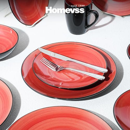 HomeVss Sonoma 16 Piece Stoneware Dinner Set Red, Outside Black + Inside Handpainted Color Red with speckle - color: Red