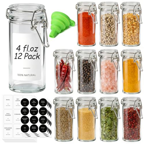ComSaf Small Glass Spice Jars with Airtight Lids 4 oz 12 Pack with Labels | Seasoning herbs powders, Salt pepper chili, Spice rack cabinet organization, Small size, Funnel included, DIY crafts gifts - size: 4oz*12
