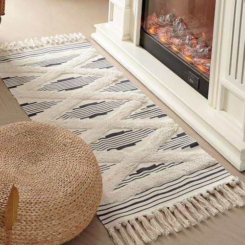 Boho Runner Rug Washable Hallway Rug Runner, Tufted Woven Cotton Farmhouse Area Floor Mat for Bedroom, Modern Diamond Entryway Carpet with Tassels (Grey, 2'x5') - size: 2' x 5' (Rectangular)
