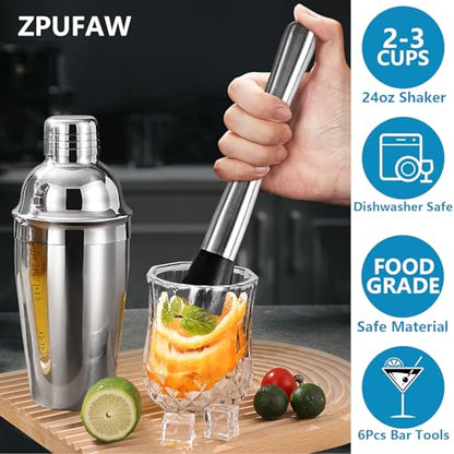 ZPUFAW 6-Piece Cocktail Shaker Set Bartender Kit Drink Shaker Bar Set | 24oz Martini Shaker, Strainer, Muddler, Jigger, Mixing Spoon, Pour Spout, Recipe Guide Stainless Steel Set Housewarming Gift