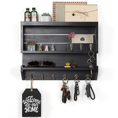 Innovation Premium Pine Wood Key Holder for Wall - Handcrafted Mail Organizer & Wall Mount Key Holder with 9 Sturdy Hooks, Finely Sanded & Hand-Sprayed Entryway Decor, Black