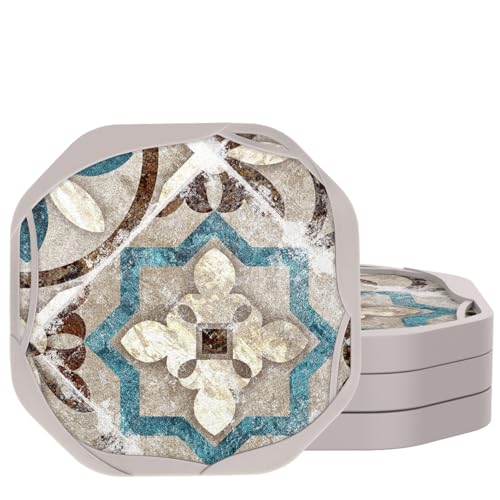 UMIRRO Absorbent Felt & Silicone Drink Coasters Set of 4, Vintage Floral | Leakproof & Non-Slip, Rustic Boho Coffee Table Decor, Distressed Moroccan Tile Pattern, Mediterranean Style, Octagon 4" - color: 21. Mandala, size: 4 Pack