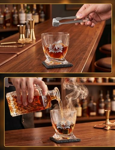 Personalized Whisky Glasses Set of 14 , Gift for Men Husband (Initials D) | (2 Crystal Glasses, 2 Coasters, 8 Ice Molds, 1 Tong, 1 Gift Box), 10oz Tumblers for Bourbon Scotch Cocktails, Gifts for Him