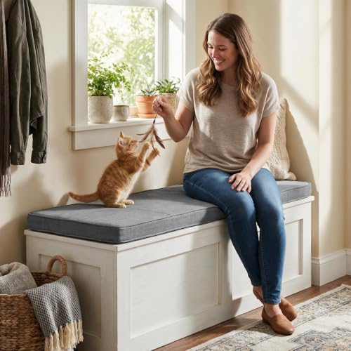 Custom Bench Cushion, Made-to-Order Custom Size Window Seat Cushion, High Density Foam, Waterproof for Indoor & Outdoor Use, Removable Washable Cover, Non-Slip Bottom with Ties